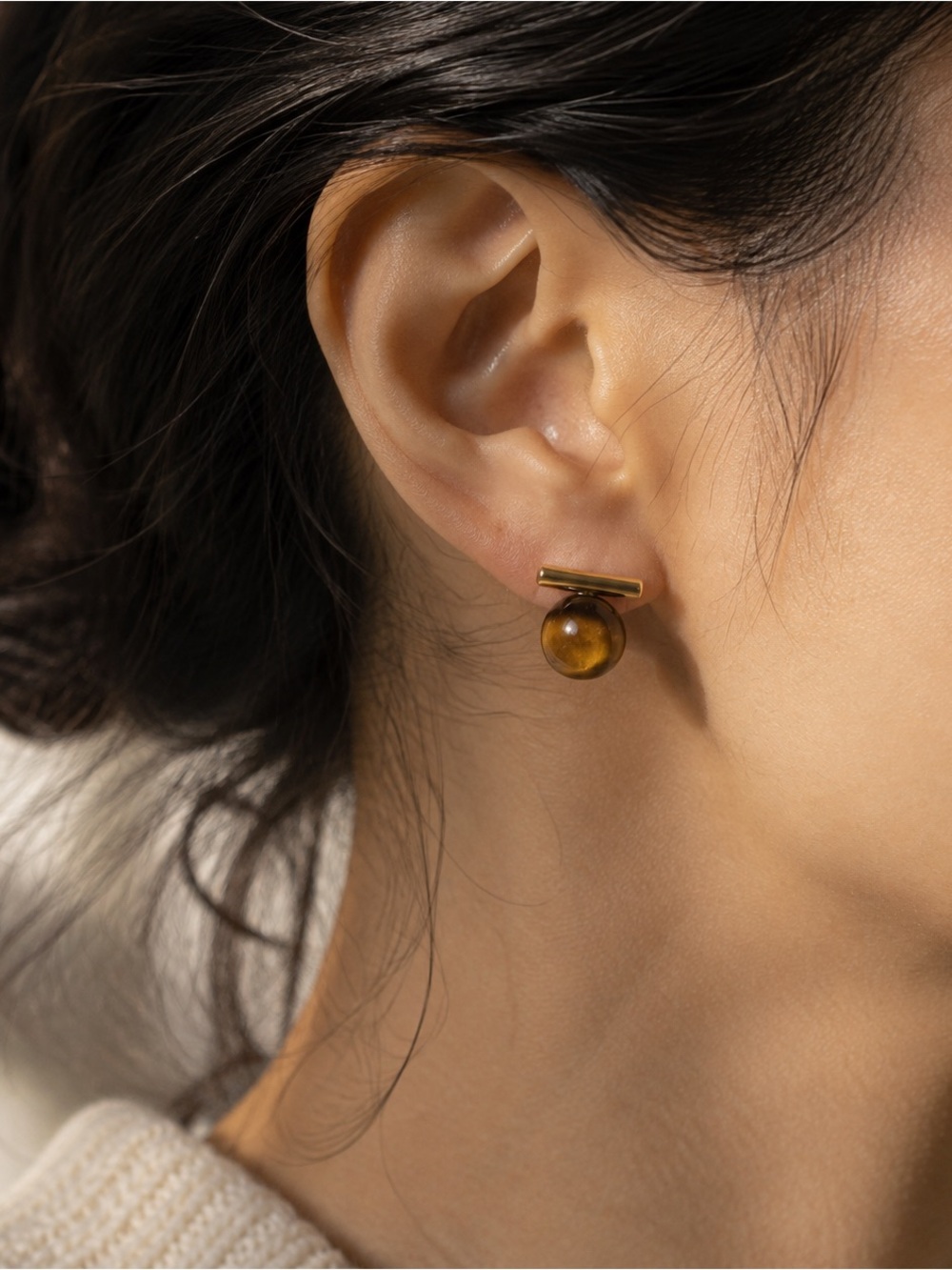 Gold Tone Tigerโs Eye Stone Ball Drop Stud Earrings